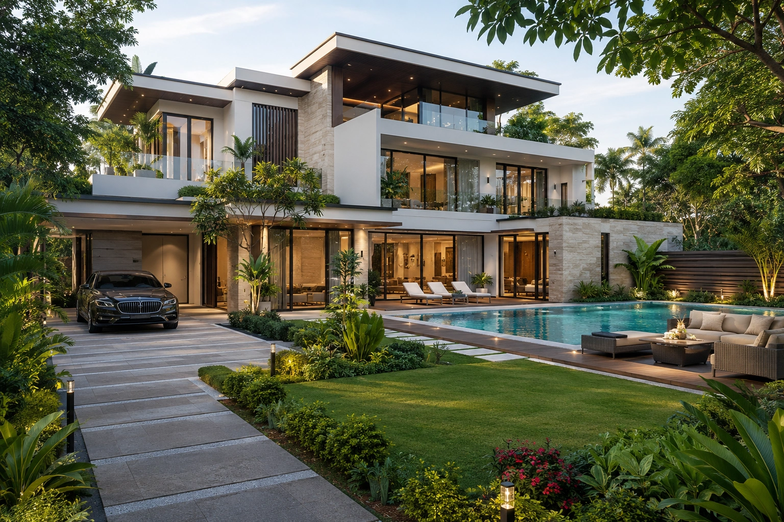 Modern luxury bungalow in Bangalore with landscaped garden and premium outdoor amenities