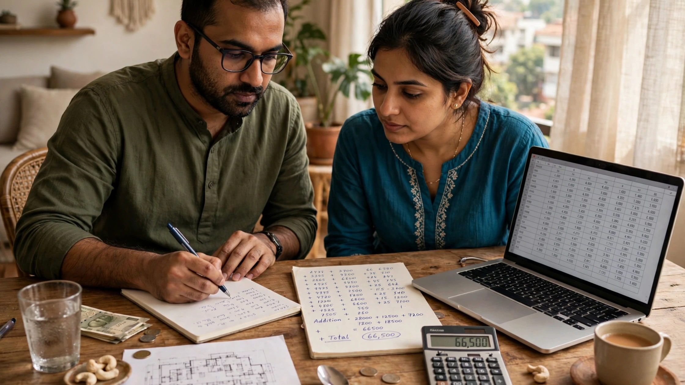 Couple calculating new launch apartment costs with rent and EMI