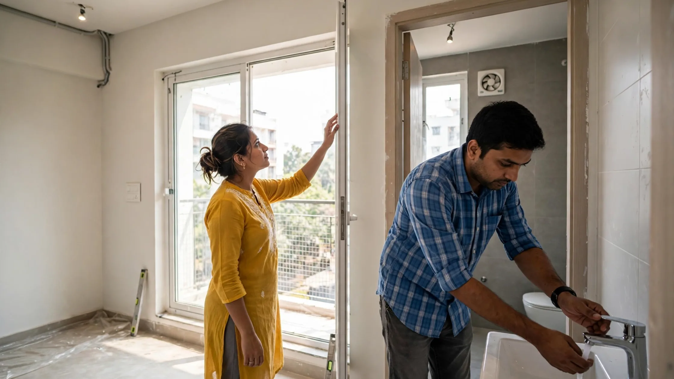 Couple inspecting ready to move flat in Bangalore