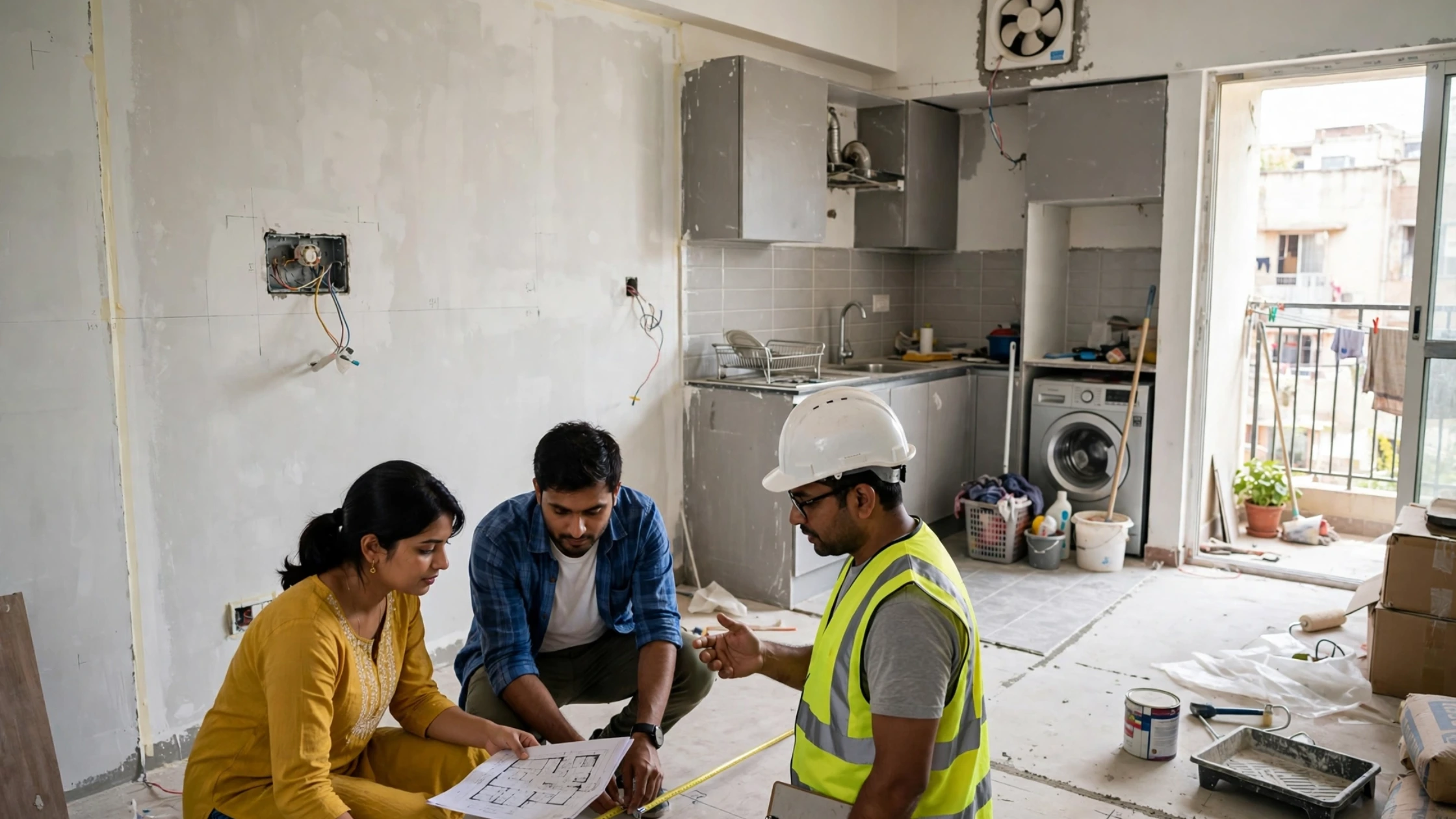 Homebuyers measuring carpet area in affordable apartments in Bangalore