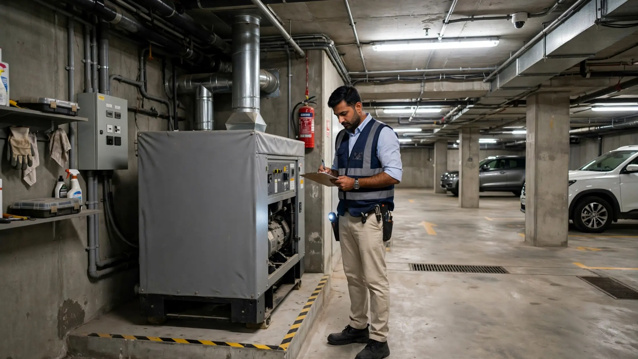 Facility manager inspecting building maintenance in Bangalore premium property