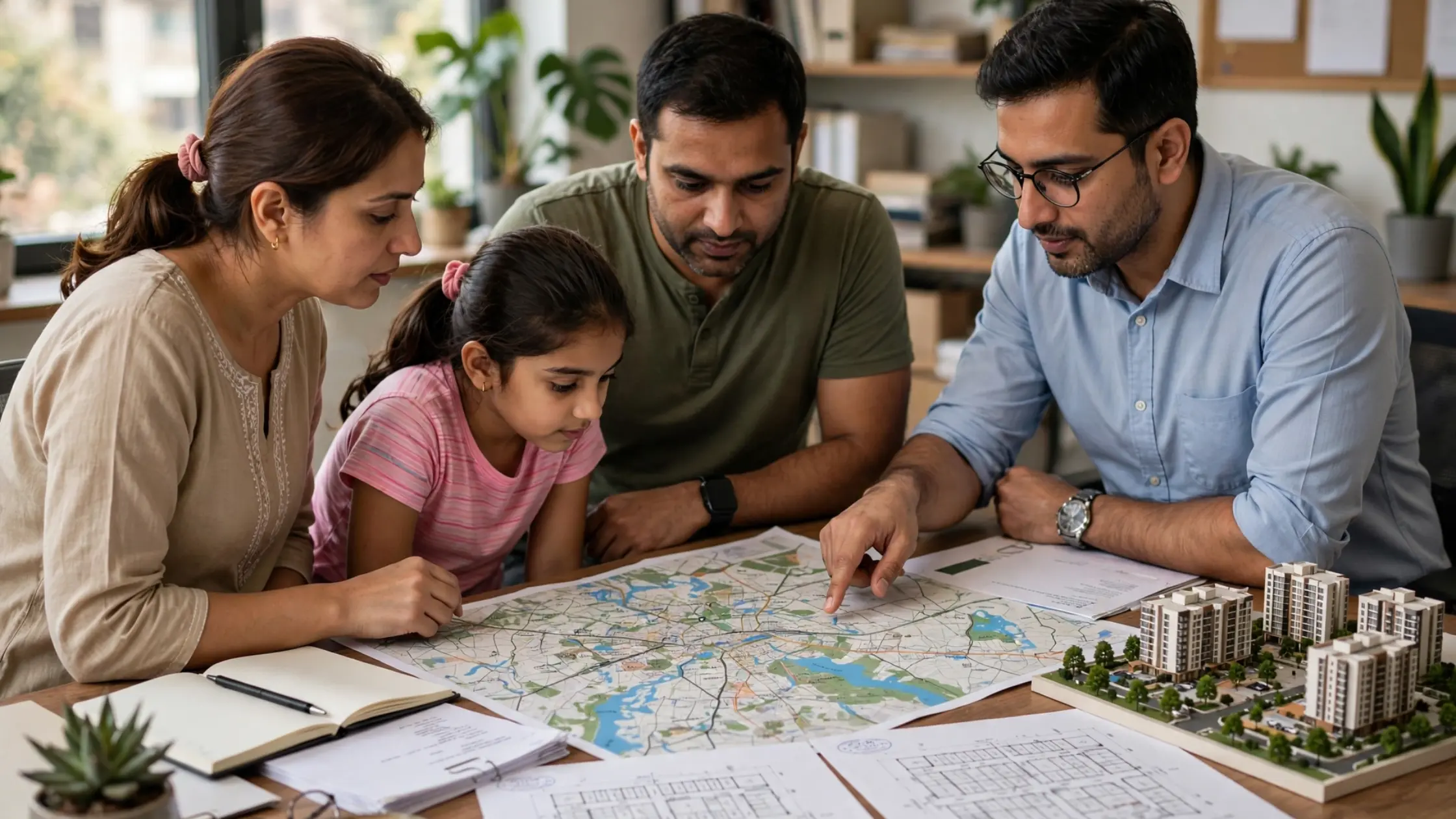 Family reviewing North Bangalore property map with advisor