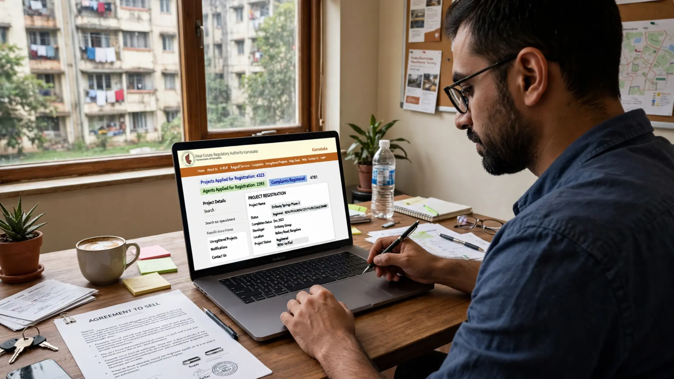 Homebuyer verifying RERA Karnataka project registration and agreement to sell
