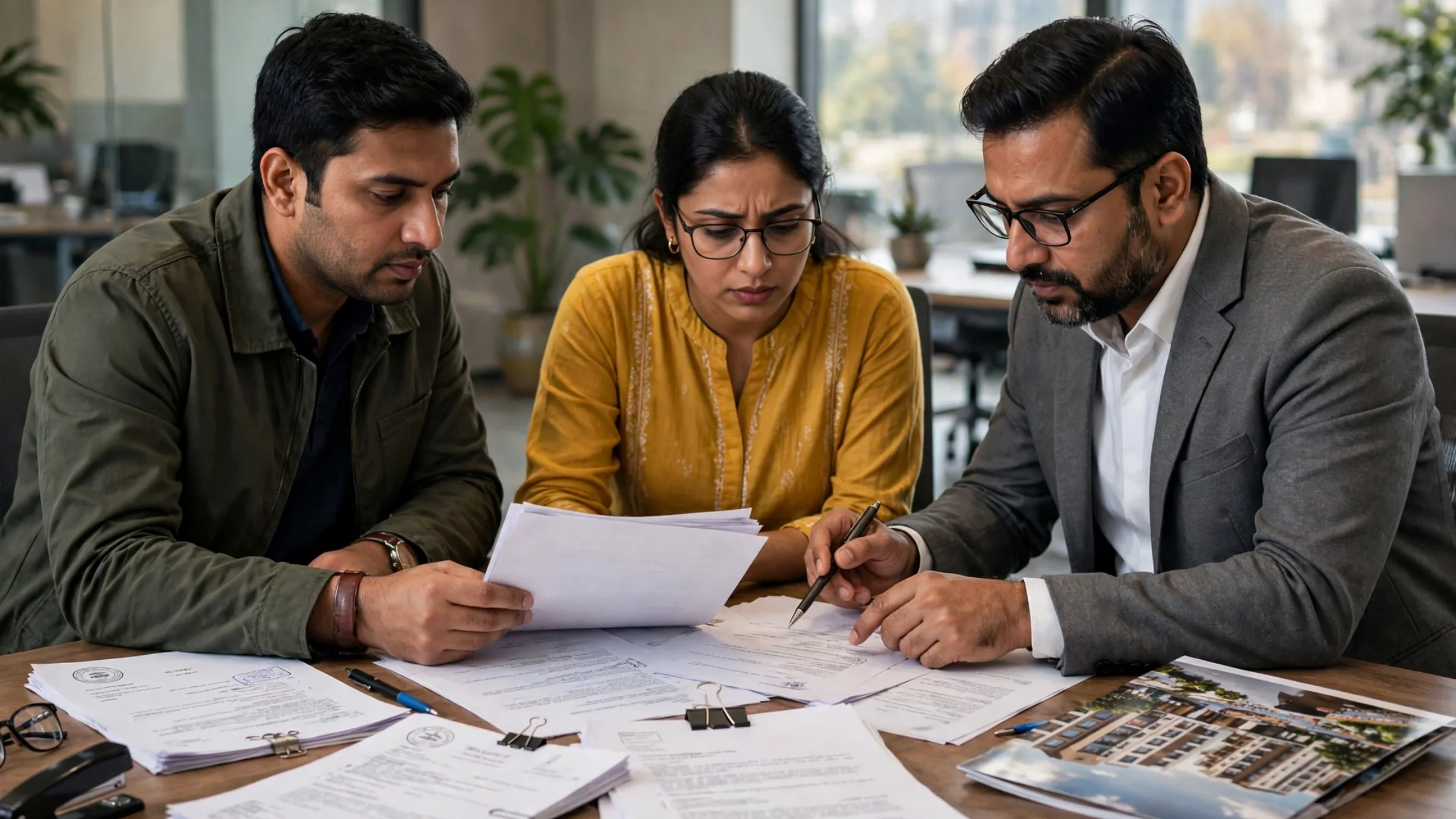 Property buyers verifying RERA Khata encumbrance title deeds with lawyer
